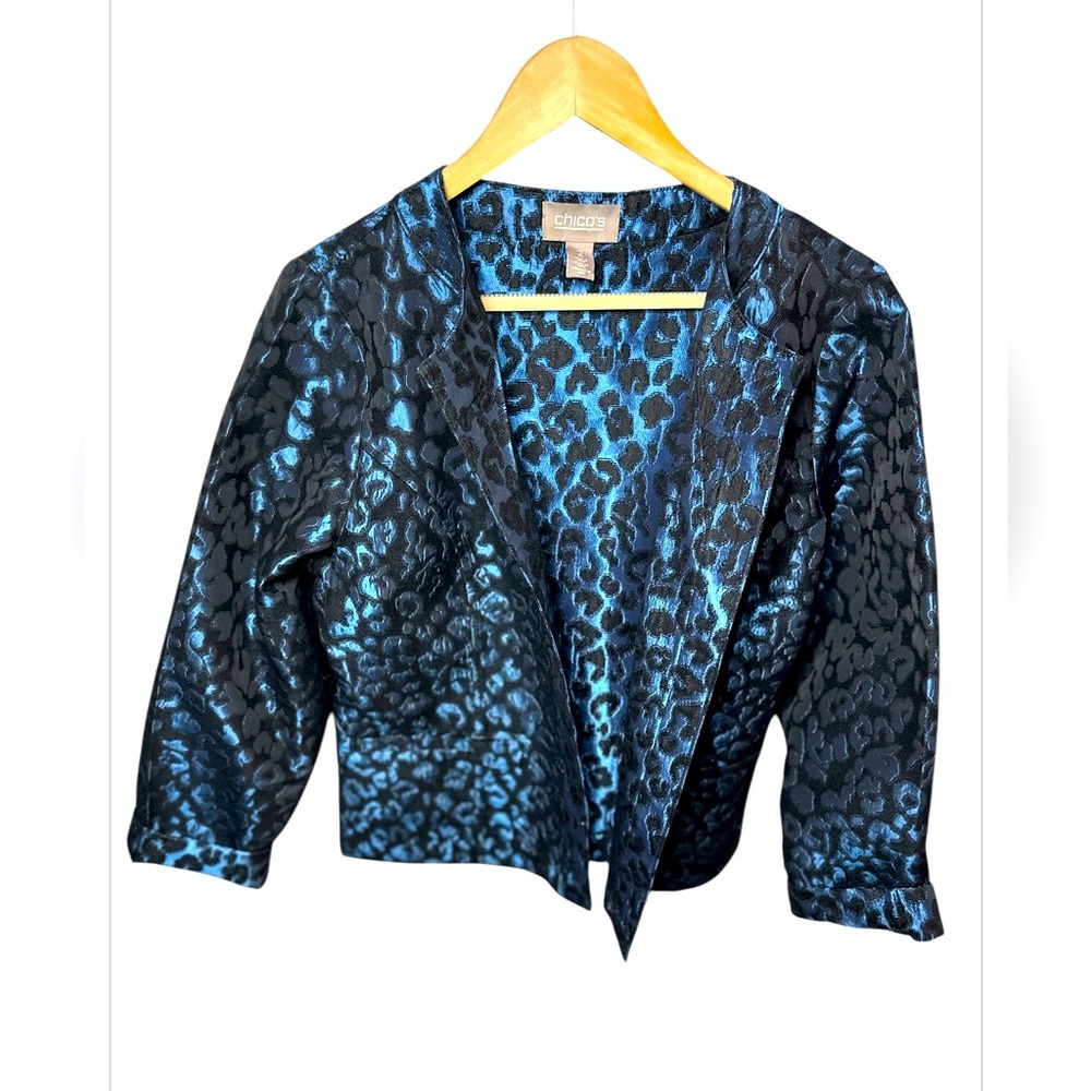 Chico’s Blue & Black Animal‎ Print Shimmer Jacket – Size 2 (Women’s 12) - Picture 3 of 6